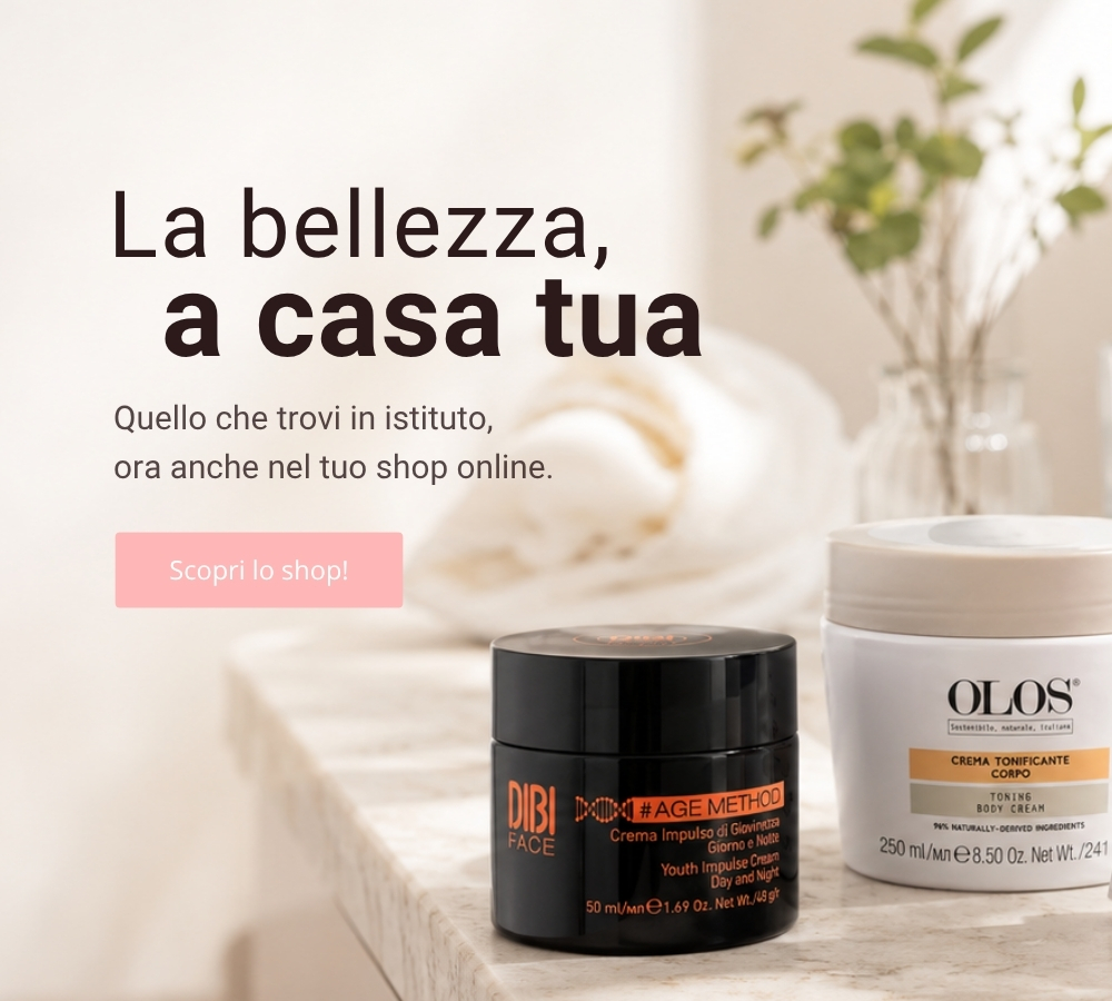 rodotti cosmetici professionali DIBI Milano, OLOS, Solarium, Essential Professional Make-Up e TEN Science disposti su un bancone, shop online Istituto di Estetica Paola