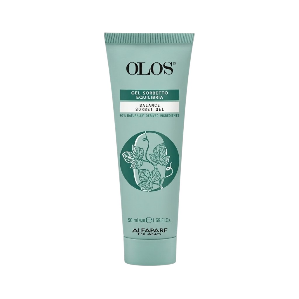 OLOS Gel Sorbetto Equilibria — gel idratante riequilibrante viso in tubo da 50 ml su sfondo neutro