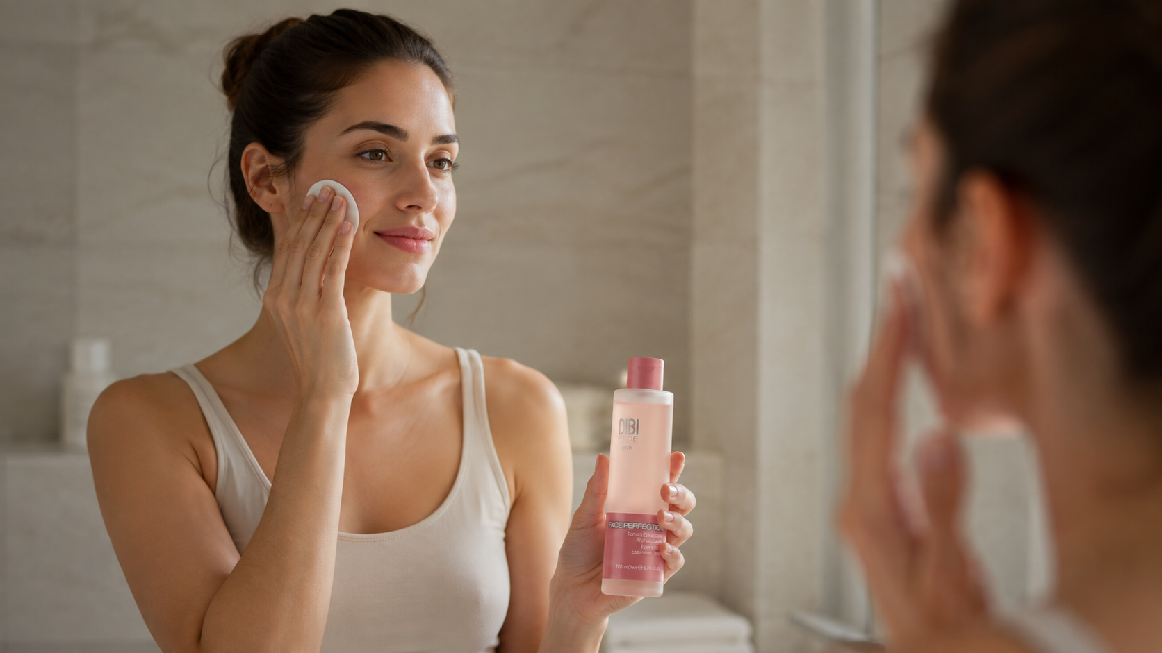 Ti lavi il viso tutti i giorni, eppure la pelle resta spenta? L'errore che (quasi) nessuno ti dice 1 Donna applica il tonico essenziale rivitalizzante DIBI Milano durante la routine di pulizia viso allo specchio