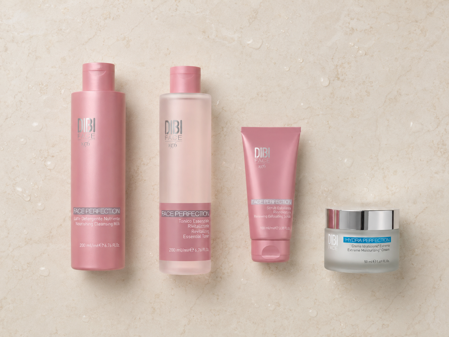 I quattro prodotti della routine di pulizia viso corretta, latte detergente, tonico, scrub e crema idratante DIBI Milano