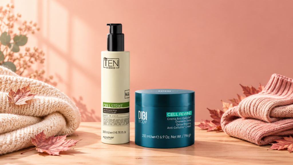 Cellulite o ritenzione idrica: plaid rosa su sfondo pesco con prodotto corpo per la cura delle gambe in autunno